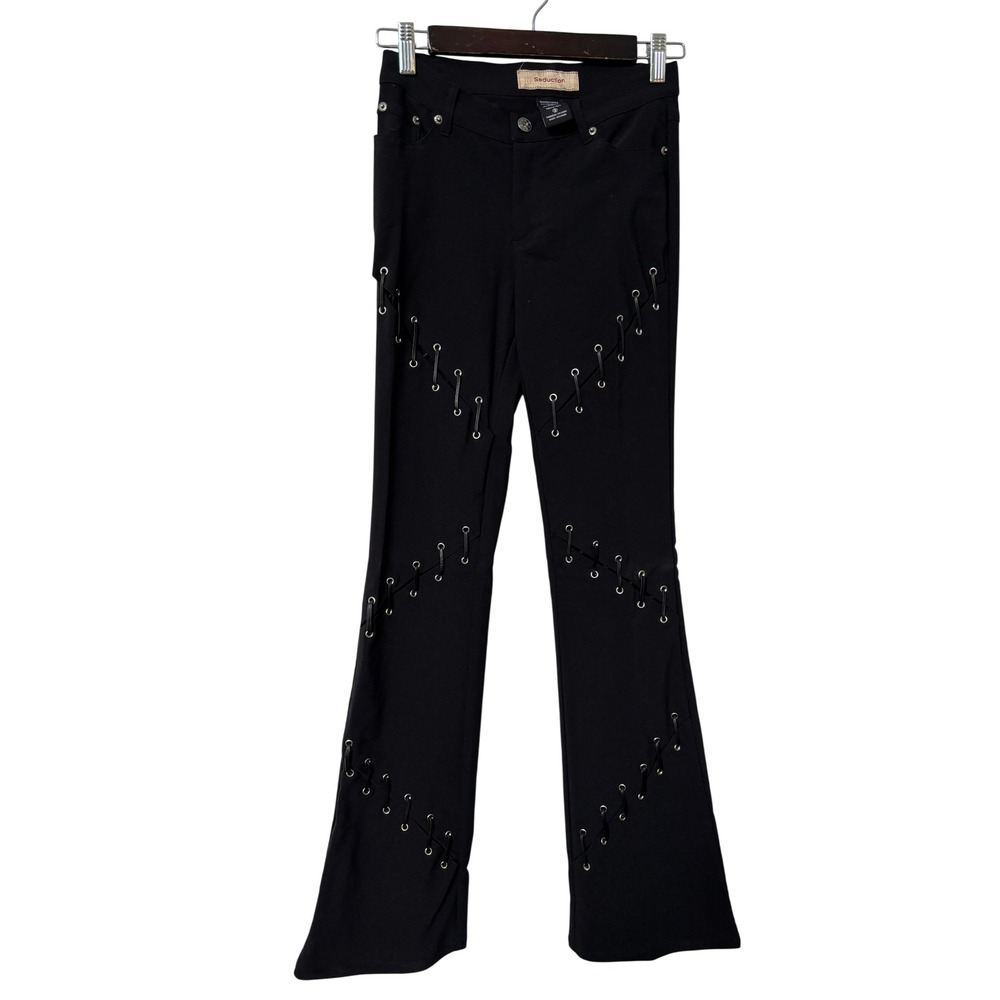 Seduction Black Lace Up Grommet Flare Pants Mid Rise Y2K Goth OP183 Jrs 3